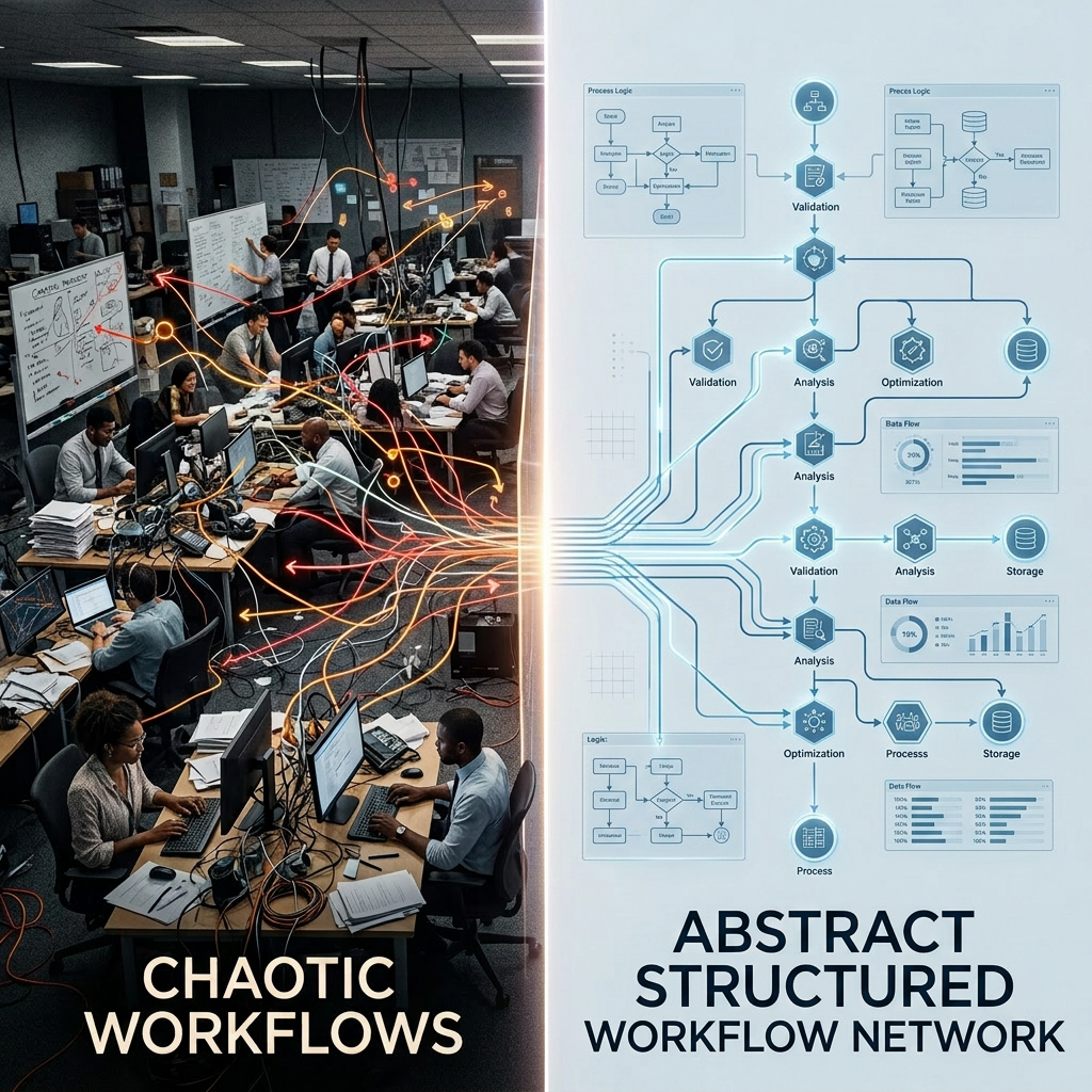 Office workers in a chaotic environment contrasted with a structured network server room