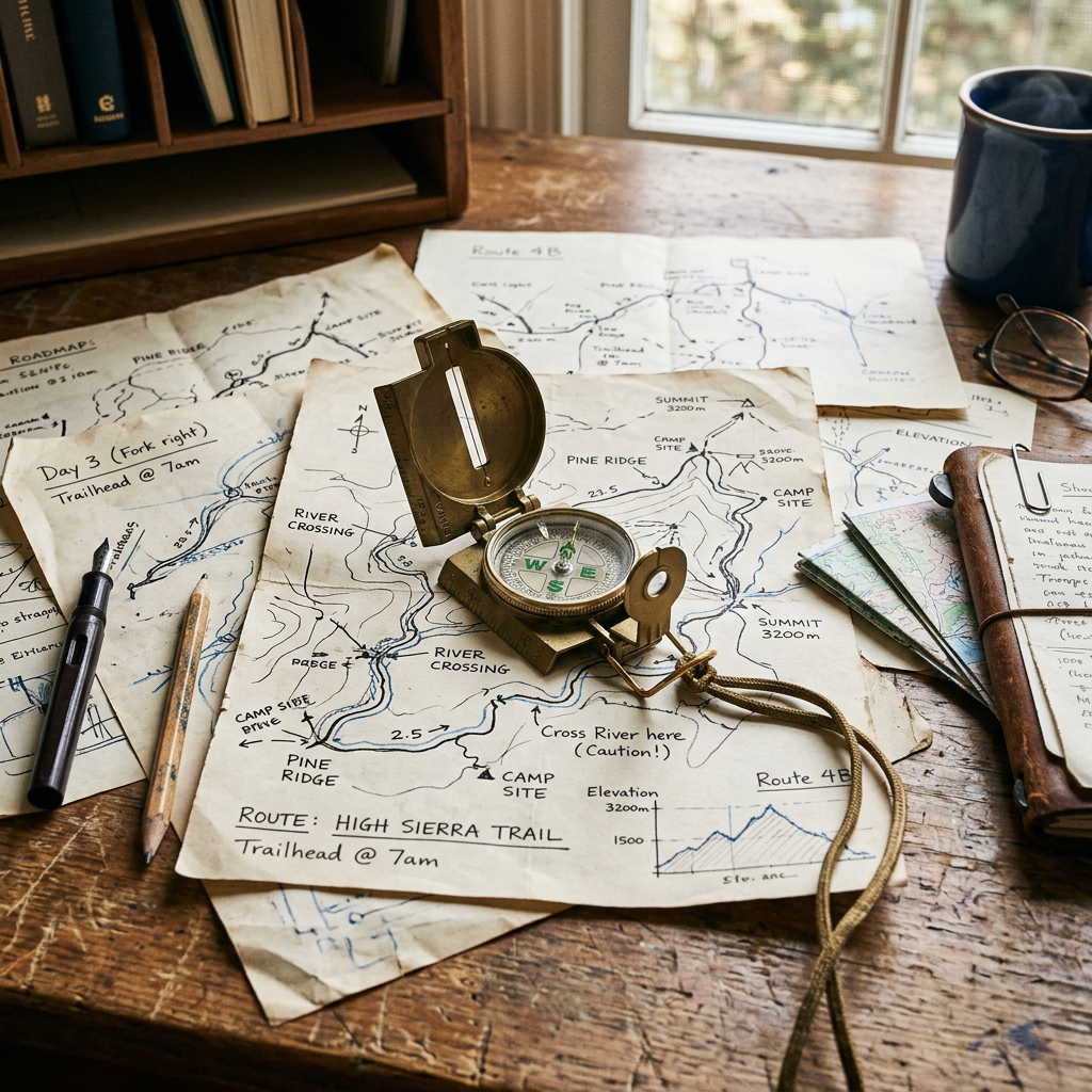 Hand-drawn hiking maps with a compass, pen, pencil, and handwritten notes on a wooden table