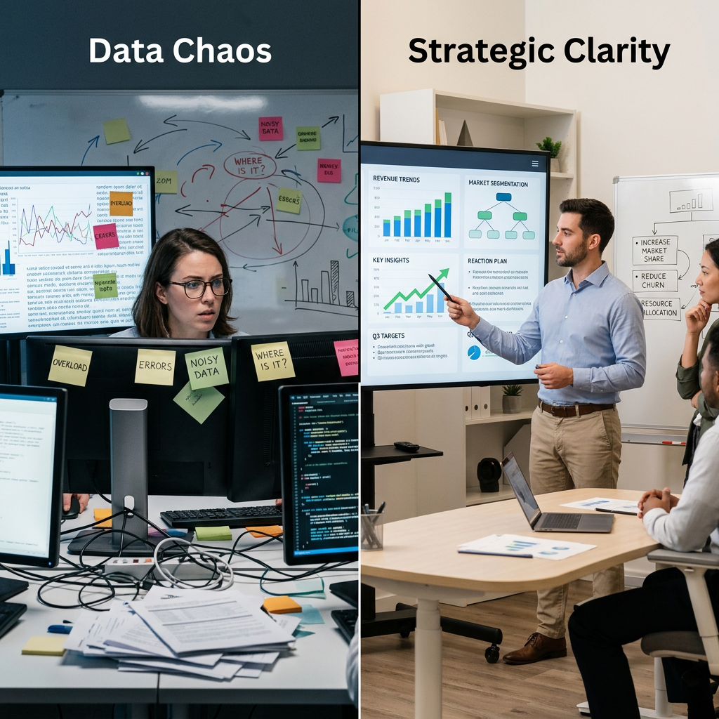 Split image showing a cluttered office with overloaded data on the left and a neat business presentation on the right